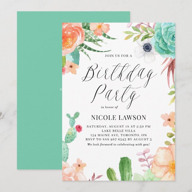 Invitation Aquarelle Succulents et Fleurs Fête Anniversaire (Devant / Derrière)