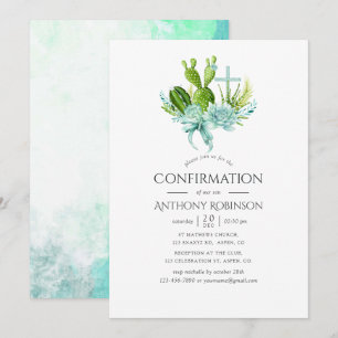 Invitation Aquarelle Succulents garçon Confirmation