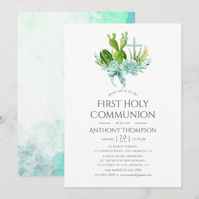 Invitation Aquarelle Succulents Garçon première sainte commun (Devant / Derrière)