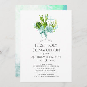 Invitation Aquarelle Succulents Garçon première sainte commun