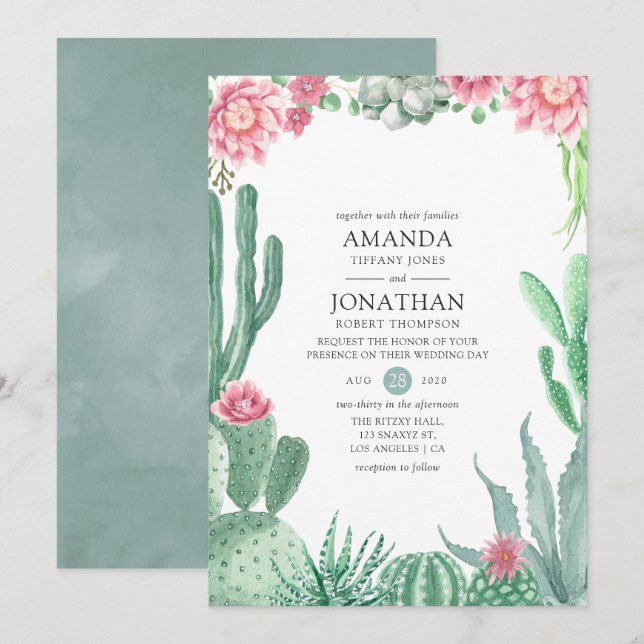 Invitation Aquarelle Succulents Mariage (Devant / Derrière)