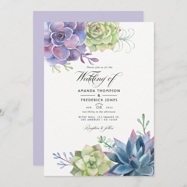 Invitation Aquarelle Succulents Photo Mariage (Devant / Derrière)