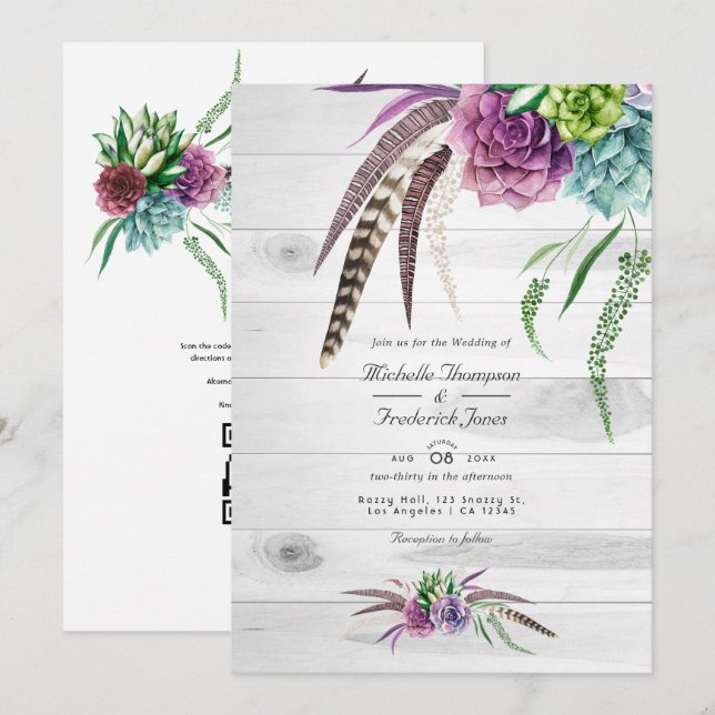 Invitation Aquarelle Succulents QR Code Mariage de Bohême (Devant / Derrière)