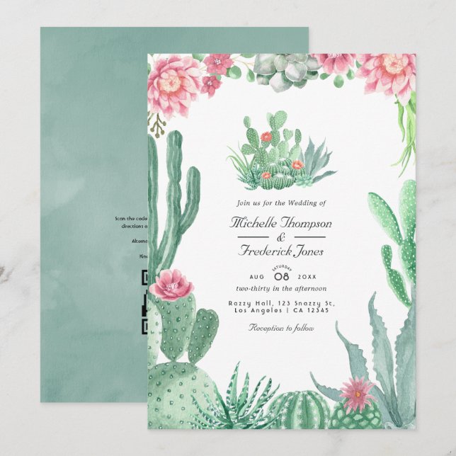 Invitation Aquarelle Succulents QR Code RSVP Mariage (Devant / Derrière)