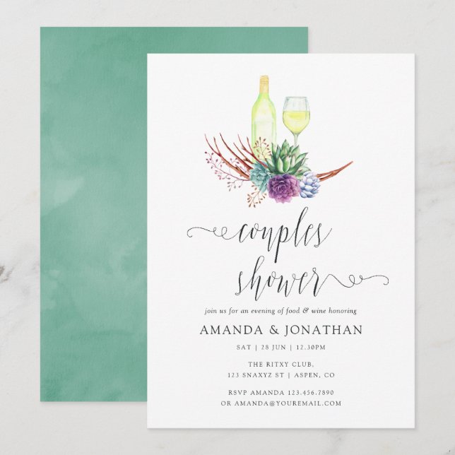 Invitation Aquarelle Succulents Vin Dégustation Couples Douch (Devant / Derrière)