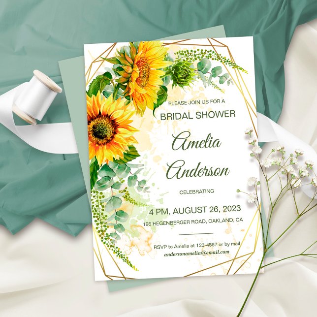 Invitation Aquarelle Sunflower Gold Frame Fête des mariées (Créateur téléchargé)