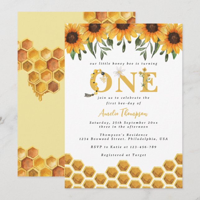 Invitation Aquarelle Sunflower Honeycomb First Bee day (Devant / Derrière)