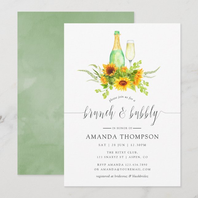 Invitation Aquarelle Sunflowers Brunch et Bubbly (Devant / Derrière)