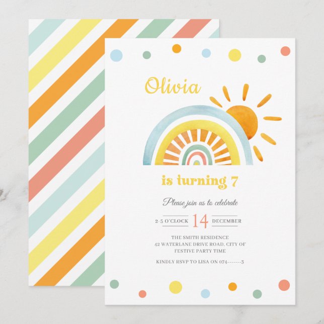 Invitation Aquarelle Sunny Boho Anniversaire de enfant arc-en (Devant / Derrière)