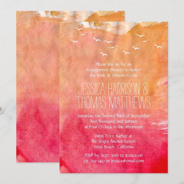 Invitation Aquarelle Sunset Beach Fiançailles douche ou fête (Devant / Derrière)