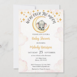 Invitation Aquarelle sur le Baby shower d'éléphant de la lune