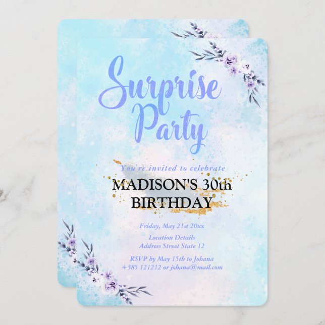 Invitation Aquarelle Surprise Party Pastel (Devant / Derrière)