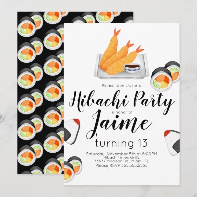 Invitation Aquarelle Sushi Ado Anniversaire Hibachi Tempura (Devant / Derrière)