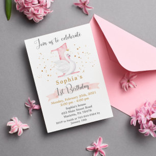 Invitation Aquarelle Swan Princesse 1er anniversaire
