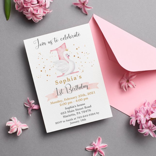 Invitation Aquarelle Swan Princesse 1er anniversaire (Créateur téléchargé)