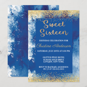 Invitation Aquarelle sweet sixteen Parties scintillant or ble