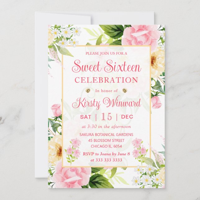 Invitation Aquarelle Sweet sixteen rose et jaune (Devant)