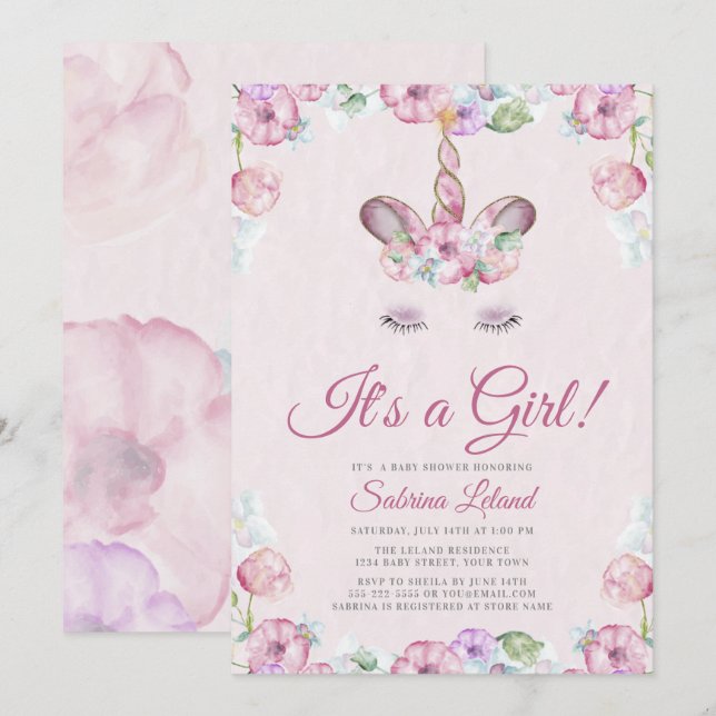 Invitation Aquarelle Sweet Unicorne C'est un Baby shower fill (Devant / Derrière)