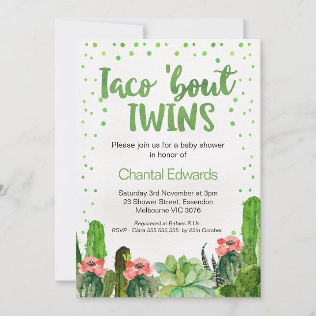 Invitation Aquarelle Taco 'Bout Twins Fiesta Baby shower (Devant)