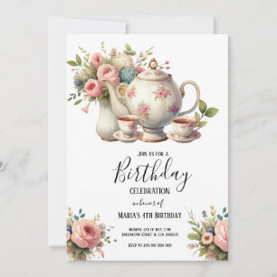 Invitation Aquarelle Tea Party Cute Anniversaire de enfant In