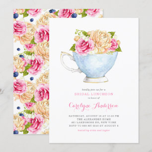 Invitation Aquarelle Teacup Bouquet Fleurs Déjeuner nuptial