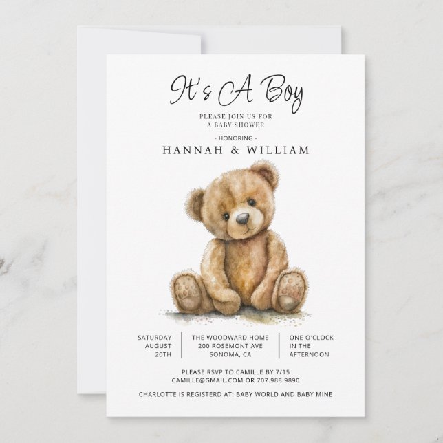 Invitation Aquarelle Teddy Bear Baby Boy Douche (Devant)
