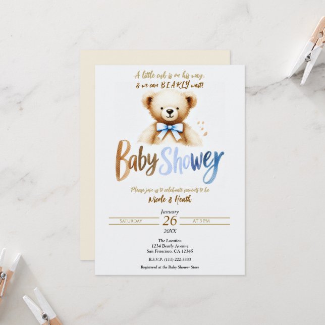 Invitation Aquarelle Teddy Bear Bearly Blue Baby shower (Devant/Arrière en situation)