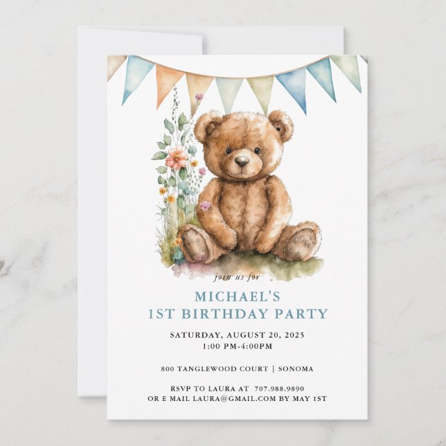 Invitation Aquarelle Teddy Bear Bleu 1er anniversaire (Devant)