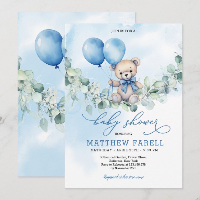 Invitation Aquarelle Teddy Bear Bleu et Baby shower de ballon (Devant / Derrière)