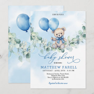 Invitation Aquarelle Teddy Bear Bleu et Baby shower de ballon