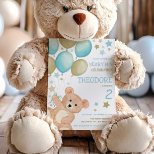 Invitation Aquarelle Teddy Bear Bleu Gold Boys Anniversaire