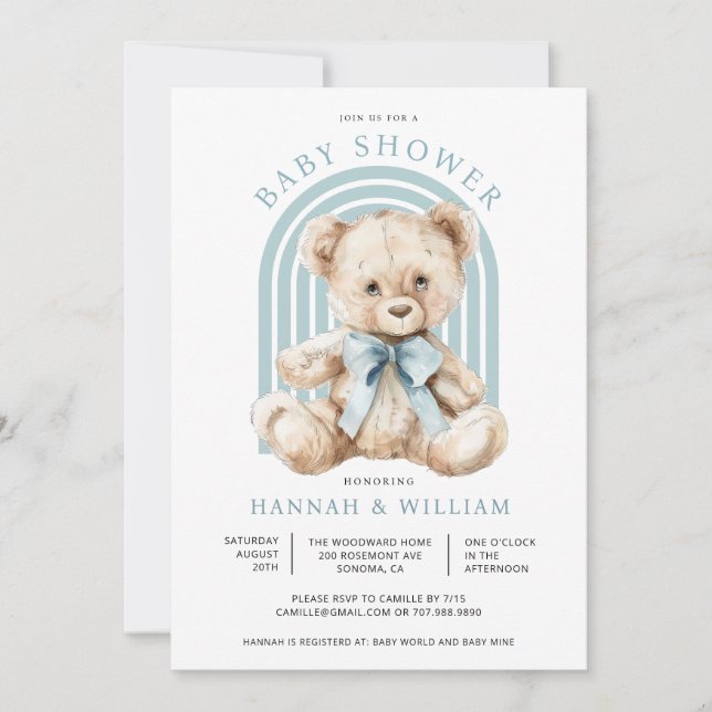 Invitation Aquarelle Teddy Bear Boy Baby shower bleu (Devant)