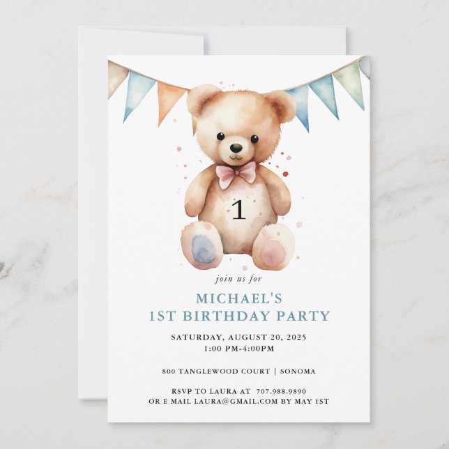 Invitation Aquarelle Teddy Bear Boy Blue 1er anniversaire (Devant)