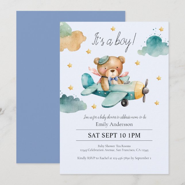 Invitation Aquarelle Teddy Bear C'est un Baby shower garçon (Devant / Derrière)