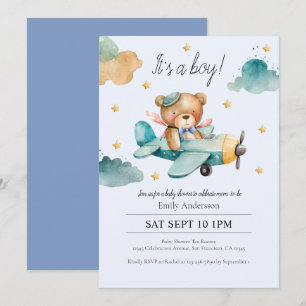 Invitation Aquarelle Teddy Bear C'est un Baby shower garçon