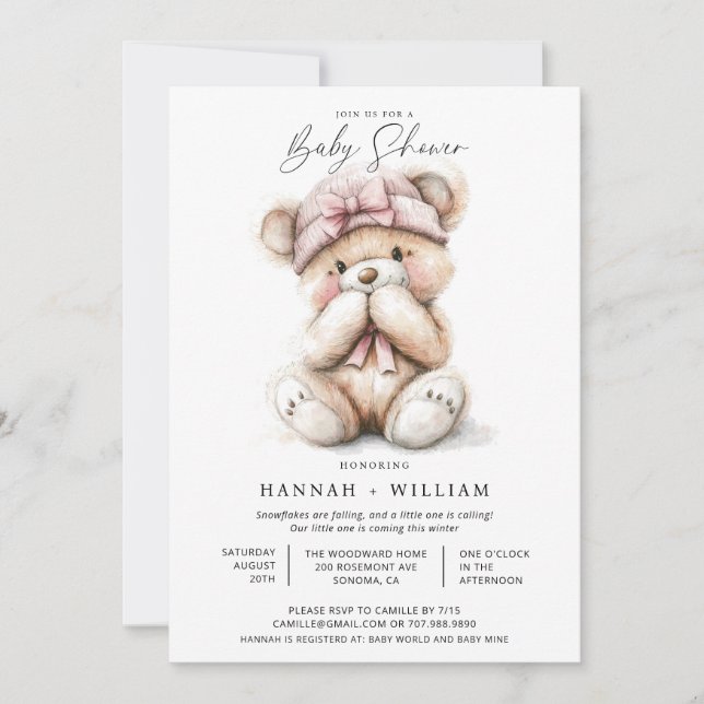 Invitation Aquarelle Teddy Bear Girl Casquette rose Baby show (Devant)