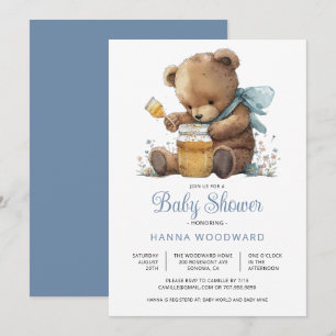 Invitation Aquarelle Teddy Bear Honey Pot Baby shower garçon