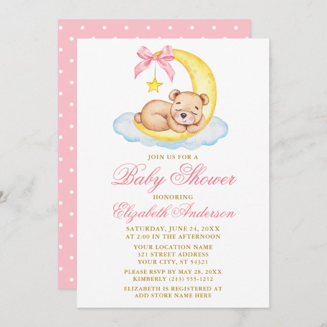 Invitation Aquarelle Teddy Bear Lune Baby shower de points ro (Devant / Derrière)