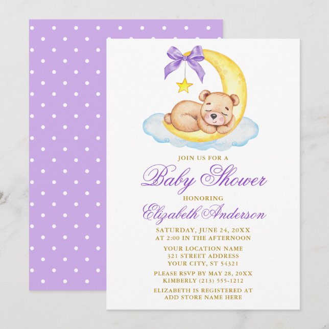 Invitation Aquarelle Teddy Bear Lune Purple Dots Baby shower (Devant / Derrière)