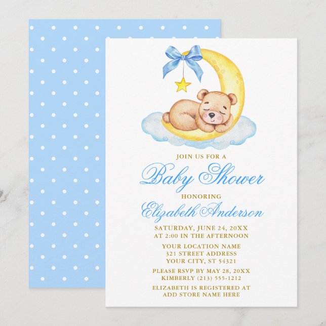 Invitation Aquarelle Teddy Bear Moon Blue Doses Baby shower (Devant / Derrière)