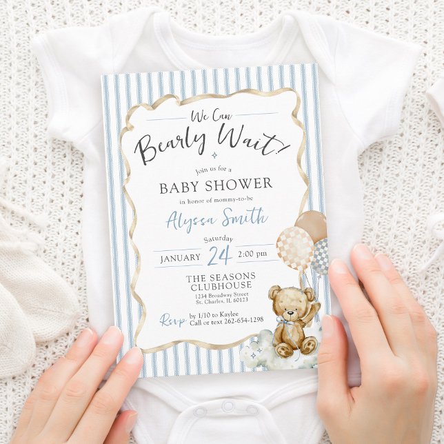 Invitation Aquarelle Teddy Ours Bébé Attendre bébé garçon dou (Cute teddy bear theme We Can Bearly Wait bow checkerboard balloons blue baby boy shower invitation)