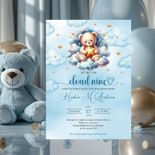 Invitation Aquarelle teddy ourson nuage neuf Baby shower garç