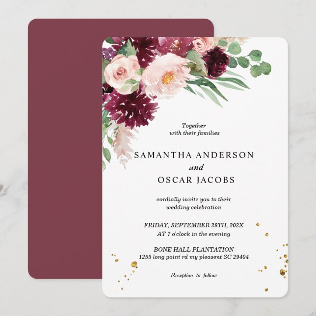 Invitation Aquarelle tendance Burgundy Blush Rose Floral (Devant / Derrière)