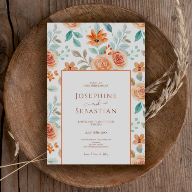 Invitation Aquarelle Terracotta Brûlé Orange Floral Mariage (Créateur téléchargé)