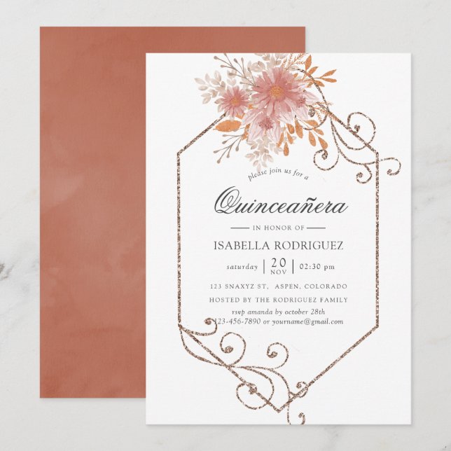 Invitation Aquarelle Terracotta géométrique Quinceañera (Devant / Derrière)