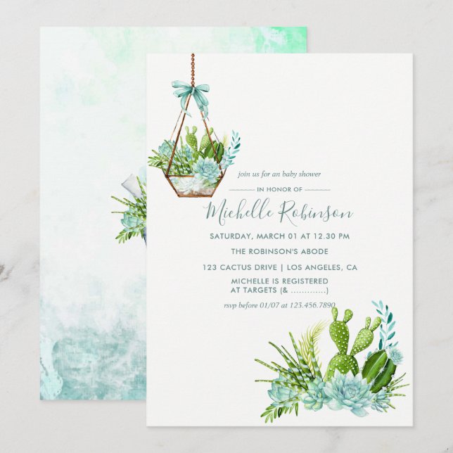 Invitation Aquarelle Terrarium en verre Baby shower de succul (Devant / Derrière)