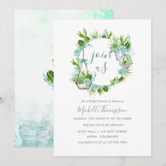 Invitation Aquarelle Terrarium en verre Fête des mariées succ (Devant / Derrière)