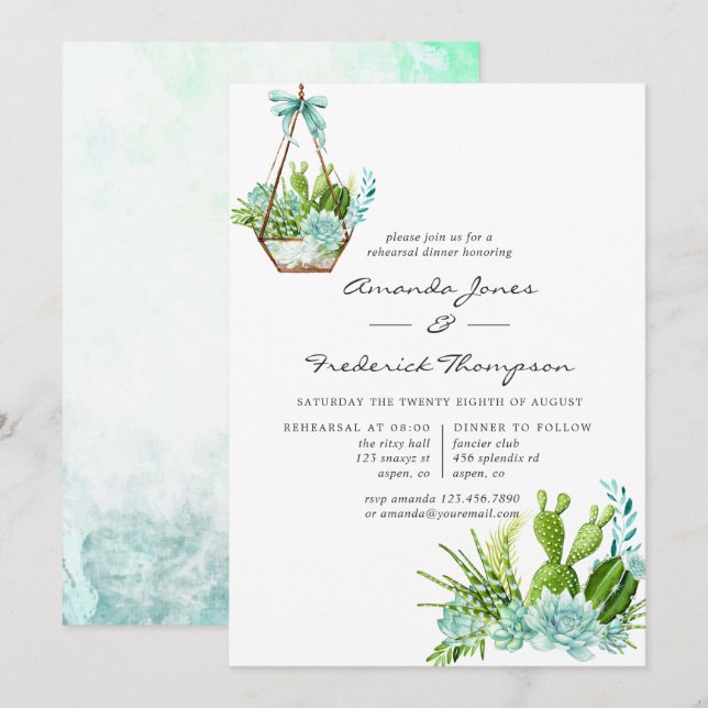 Invitation Aquarelle Terrarium Succulents Dîner de répétition (Devant / Derrière)