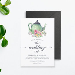 Invitation Aquarelle théière et Mariage floral