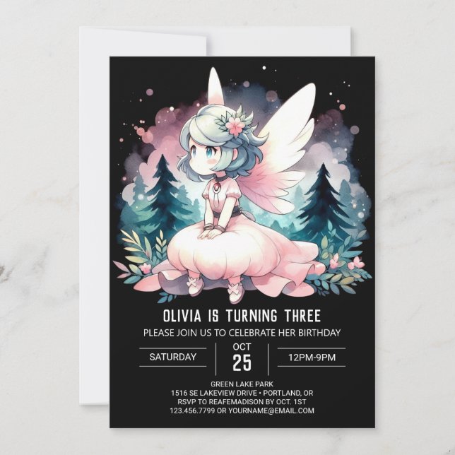 Invitation Aquarelle Thème Fée Anniversaire (Devant)
